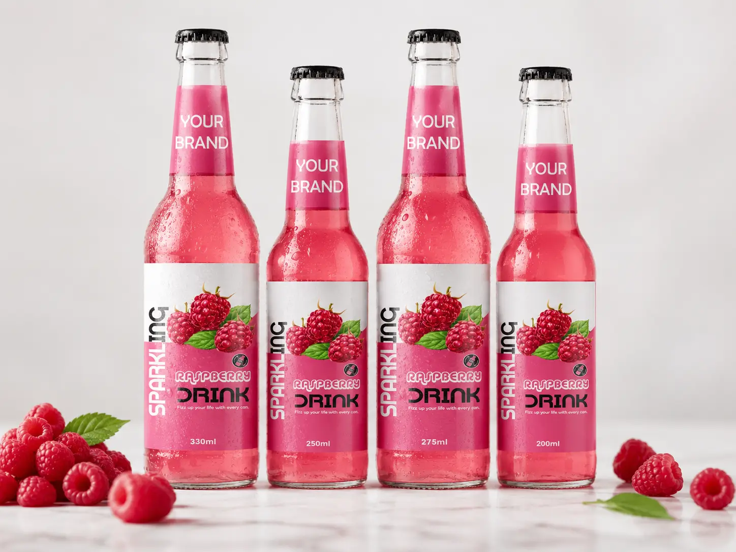 SPARKLING DRINK Raspberry Flavored Drink in 330ml, 250ml, 275ml, and 200ml glass bottles.